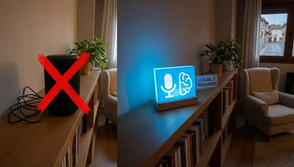 Comparativa visual entre un altavoz inteligente de marca tachado y el logotipo de Assist de Home Assistant brillando en un entorno local y privado