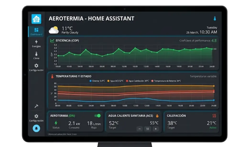 Dashboard de aerotermia en Home Assistant con gráficas de COP y temperatura