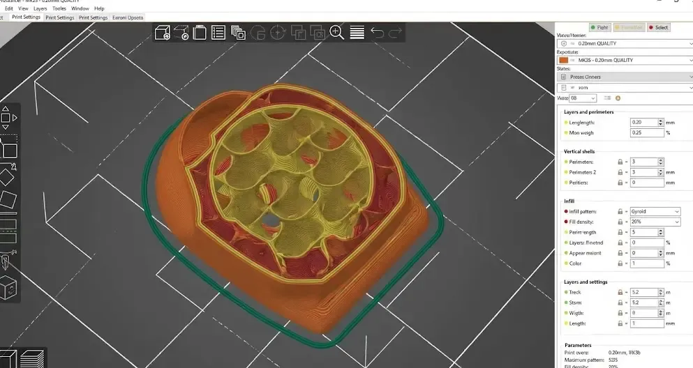Captura de pantalla de configuración de laminador mostrando 3 perímetros y relleno giroide