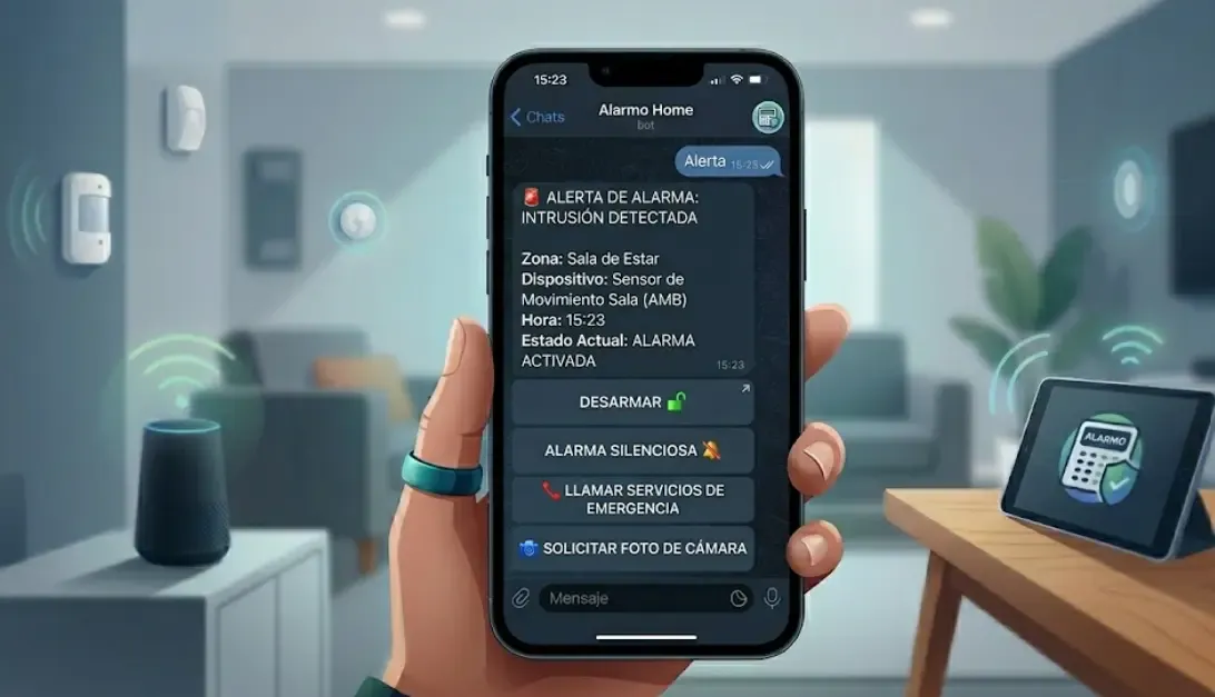Automatización de Alarmo enviando notificación por Telegram con botones de acción