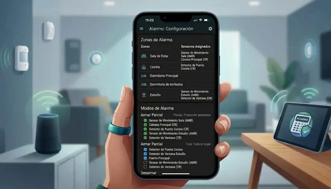 Configuración de zonas en Alarmo con sensores asignados a cada modo