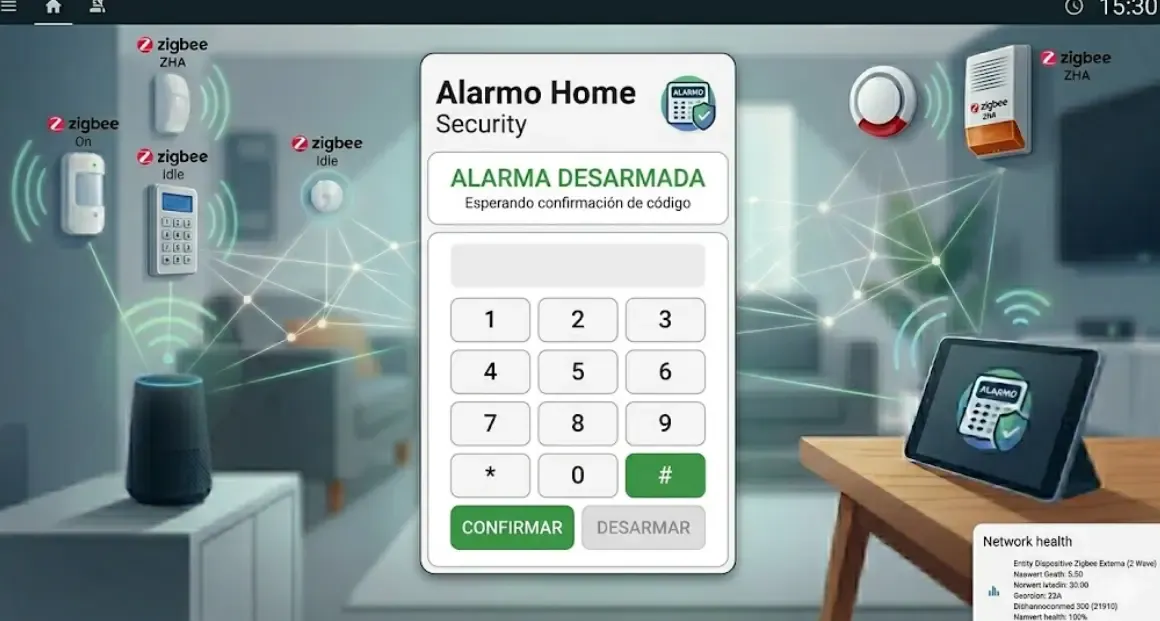 Tarjeta personalizada de Alarmo en el dashboard Lovelace de Home Assistant con teclado PIN