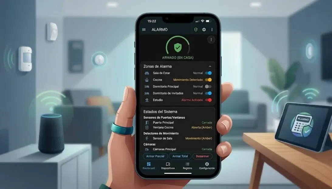 Panel principal de Alarmo en Home Assistant con zonas y estados