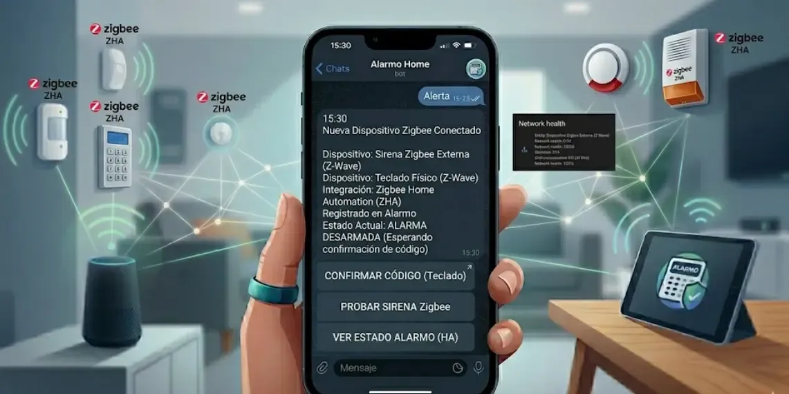 Sirena Zigbee y teclado físico conectados a Alarmo en Home Assistant