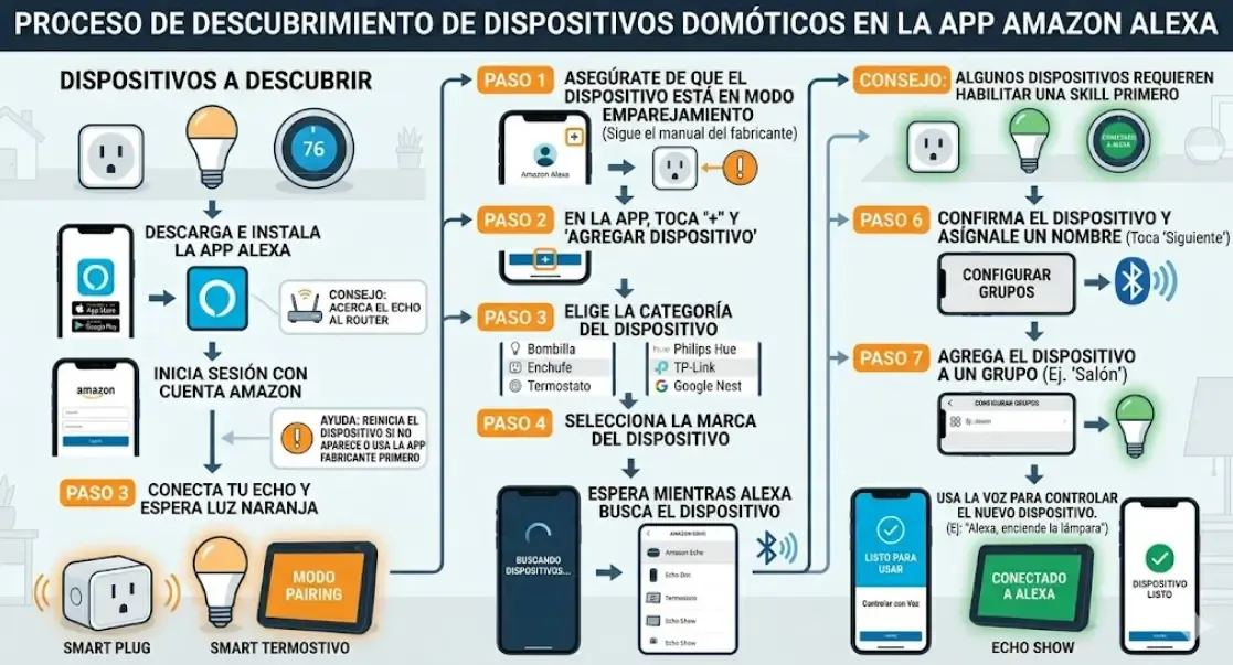 Proceso de descubrimiento de dispositivos domóticos en la app Amazon Alexa