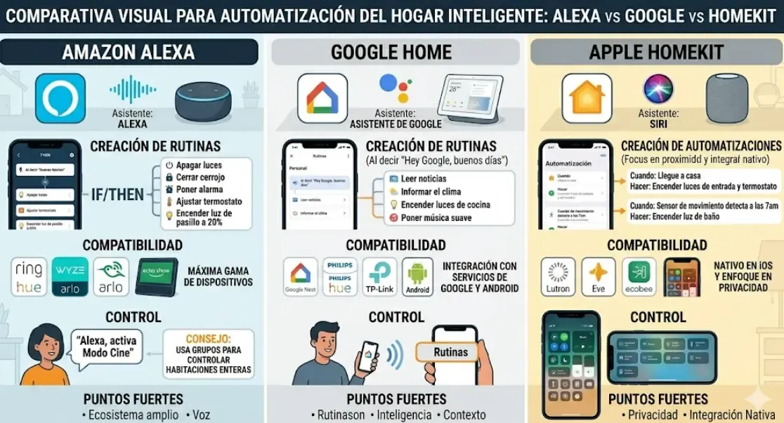 Comparativa visual entre Amazon Alexa, Google Home y Apple HomeKit para automatización del hogar inteligente