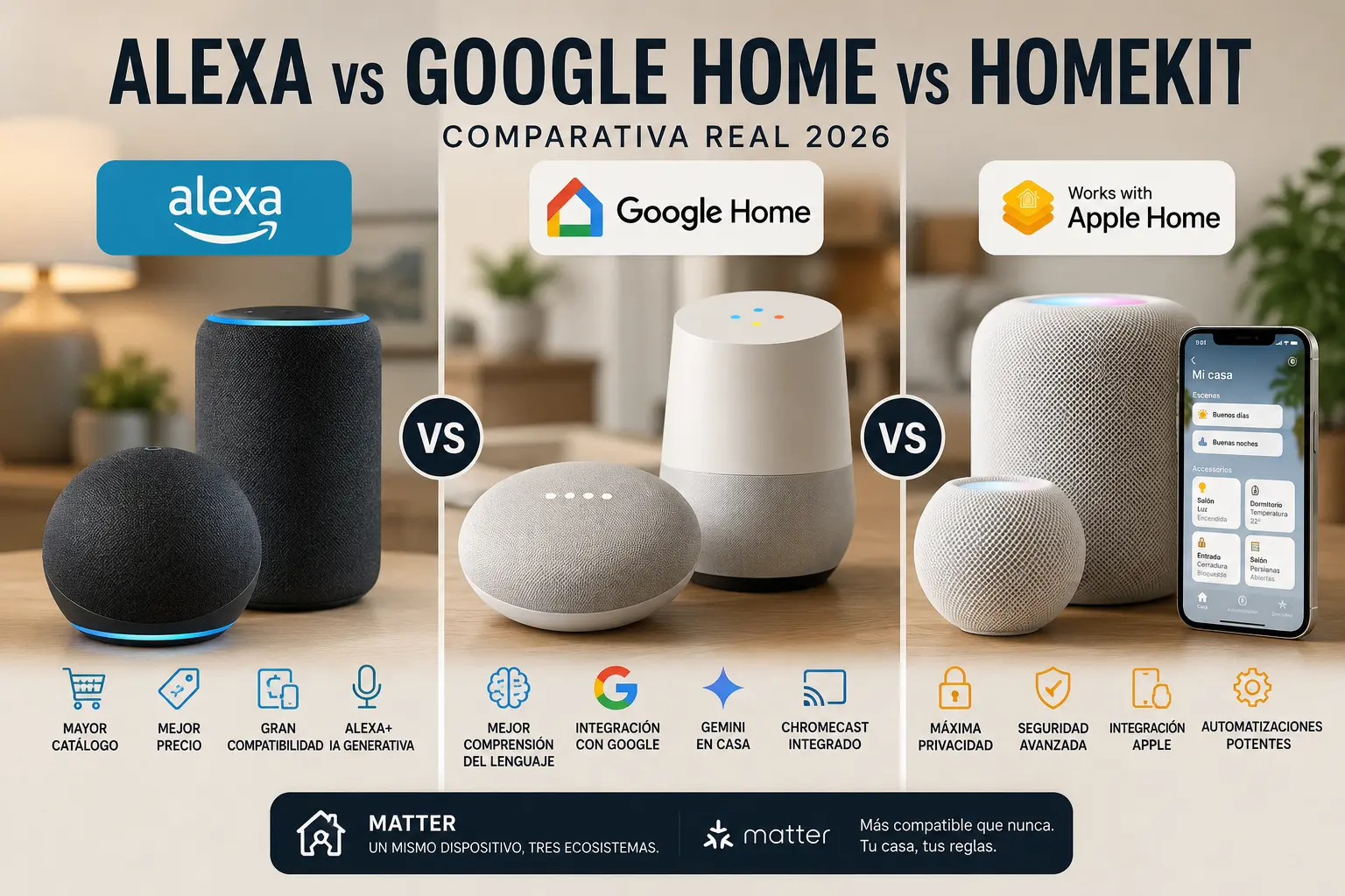 Alexa vs Google Home vs Apple HomeKit: cuál elegir en 2026 (comparativa real)