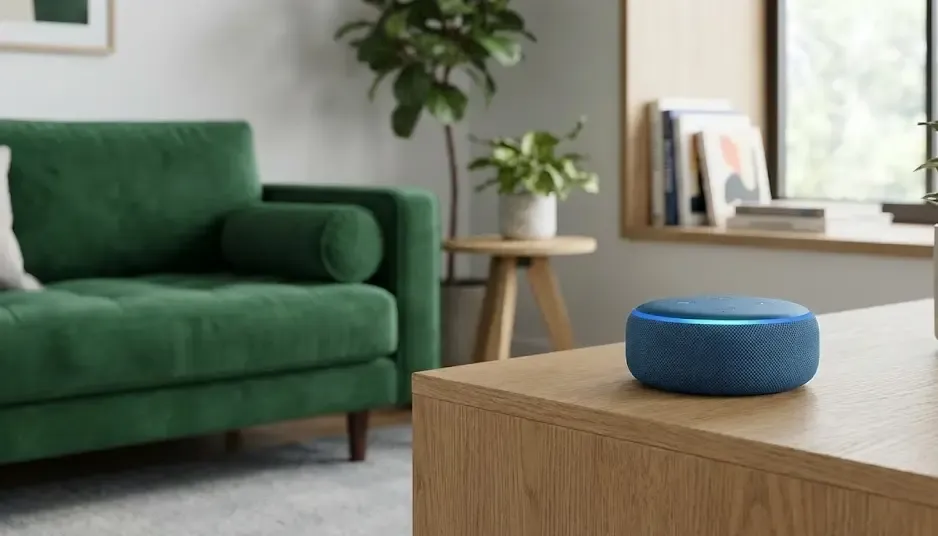 Primer plano de un altavoz inteligente Amazon Echo Dot azul iluminado en un salón moderno