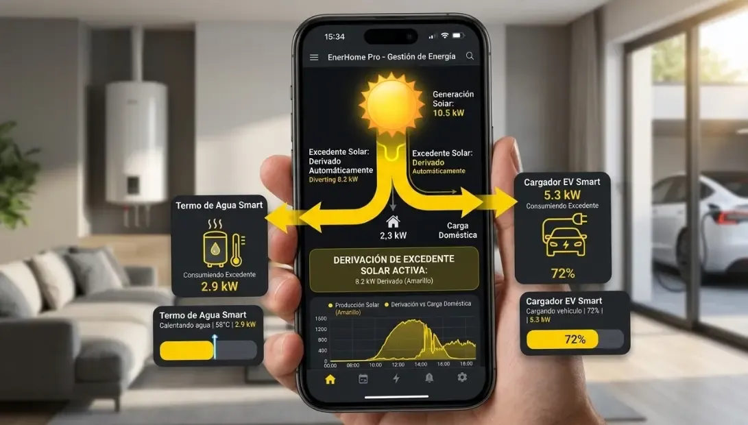Captura de una aplicación domótica avanzada derivando automáticamente el excedente de energía solar de color amarillo hacia un termo de agua y un cargador de coche.