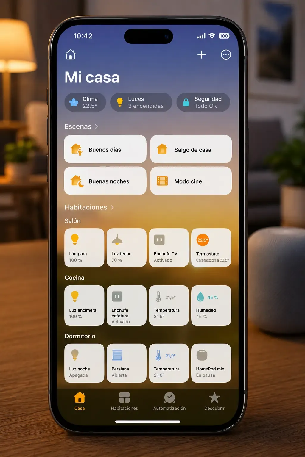 Pantalla de la app Home de Apple con accesorios HomeKit organizados por habitación