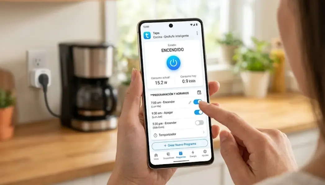 App Tapo mostrando el dashboard de control de enchufe inteligente con programación de horarios