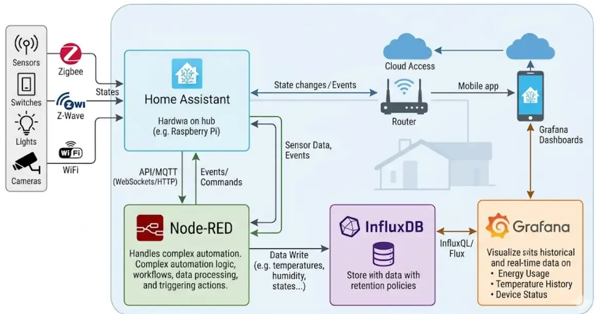 Arquitectura completa InfluxDB Grafana Node-RED Home Assistant