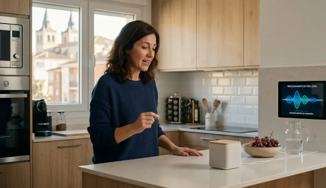 Persona hablando de forma natural a un pequeño altavoz minimalista en la cocina, con un gráfico de ondas que representa el procesamiento de lenguaje natural local.