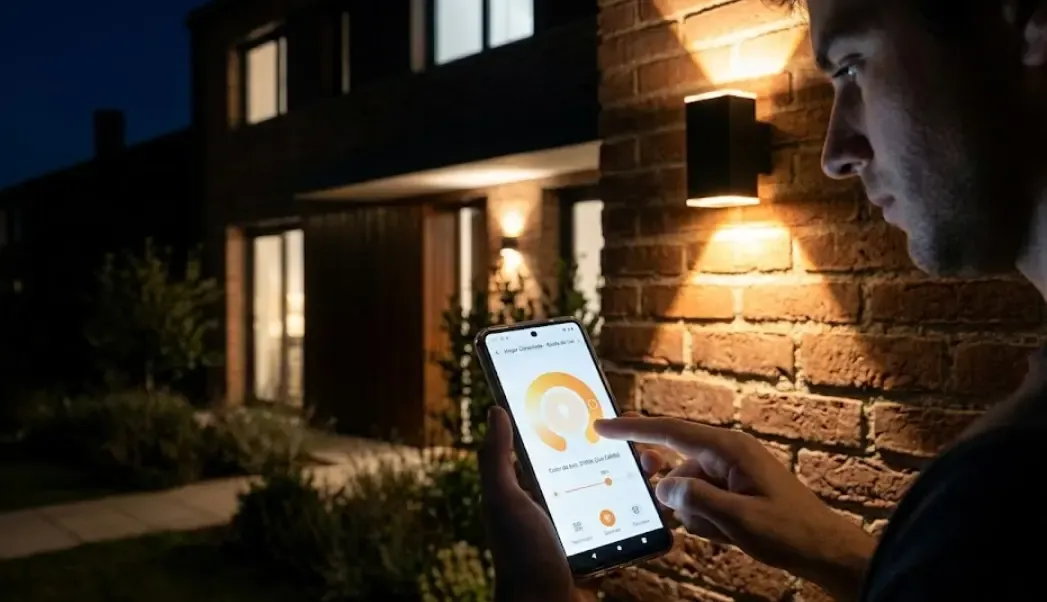 Persona sosteniendo un smartphone en la oscuridad frente a su casa, ajustando la temperatura de color de las luces de la fachada desde una aplicación domótica intuitiva.