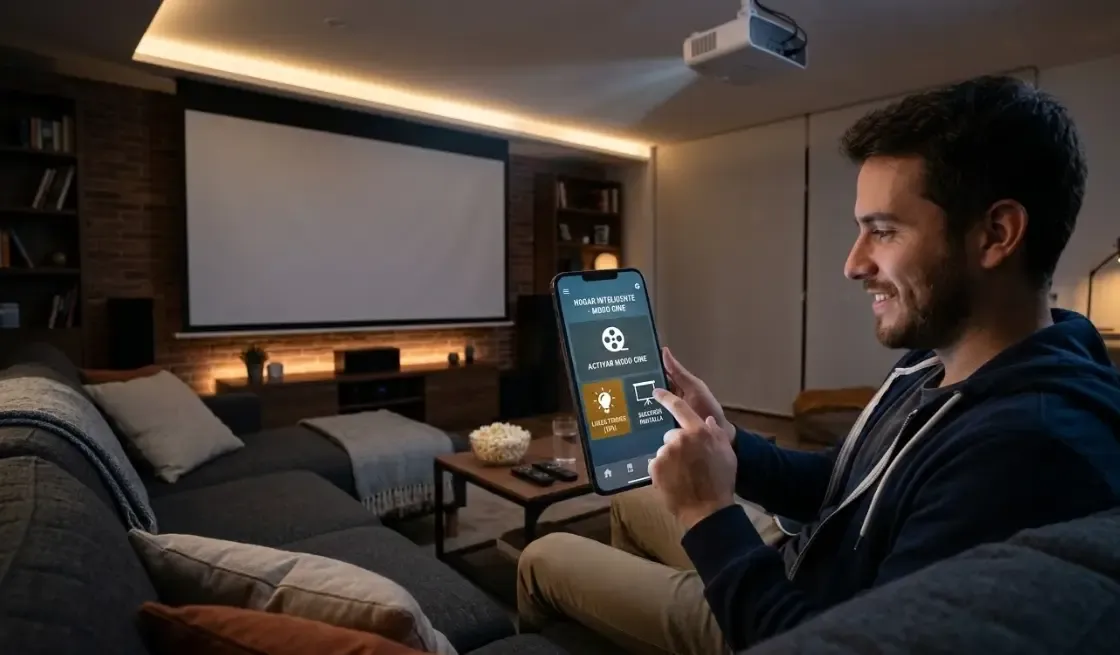 Persona utilizando un smartphone para accionar el modo cine, mientras la aplicación muestra iconos de luces tenues y descenso de pantalla de proyector.