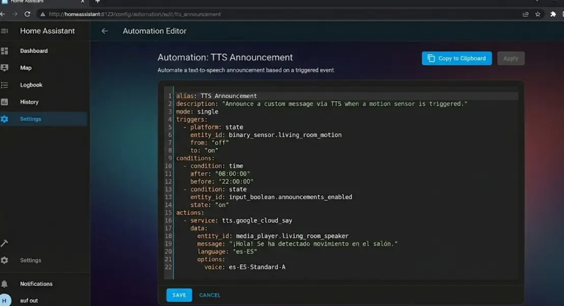 Automatización TTS Home Assistant YAML