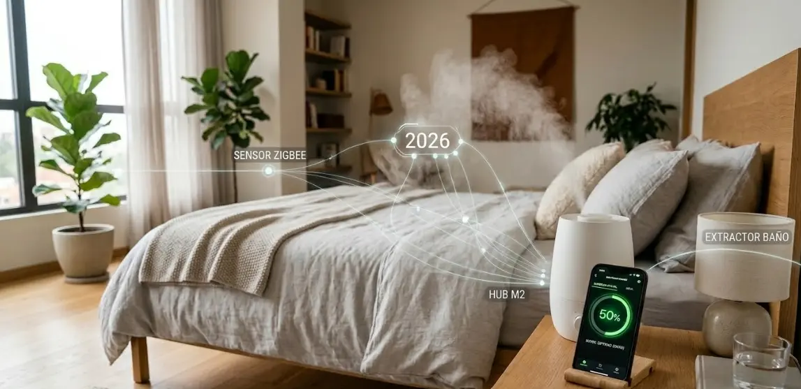 Aprende a automatizar el nivel de humedad ambiental en tu hogar. Evita moho, virus y alergias controlando humidificadores y extractores con domótica.