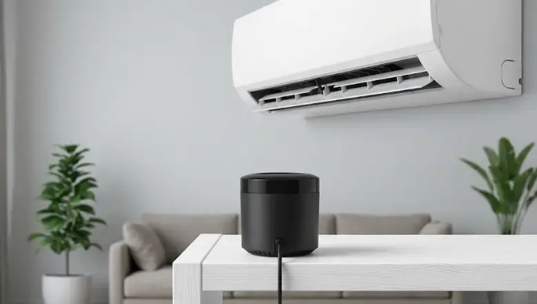 Controlador IR BroadLink RM4 Mini colocado frente a split de pared