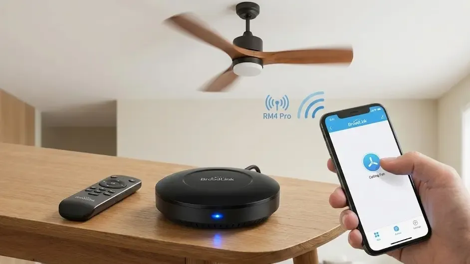 Dispositivo Broadlink RM4 Pro controlando un ventilador de techo mediante radiofrecuencia