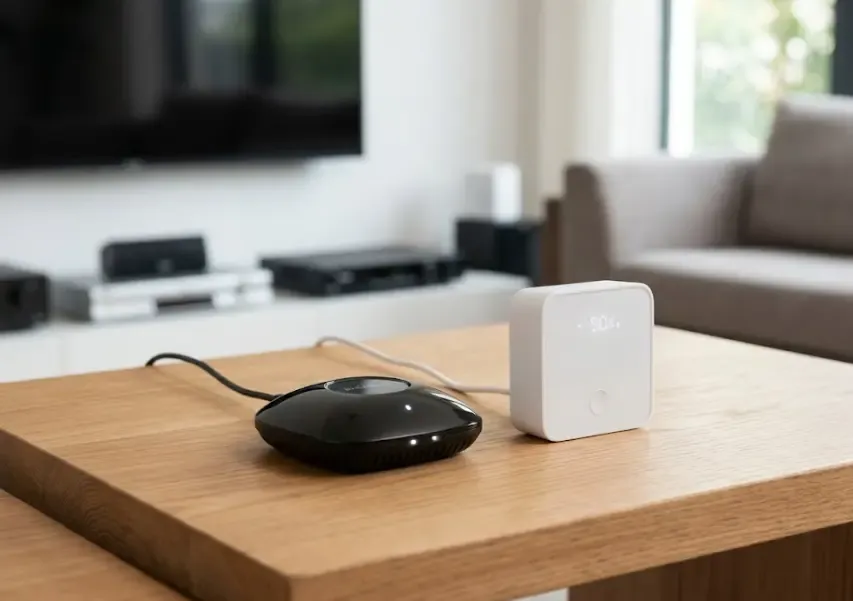 Hub de control infrarrojo Broadlink RM4 Pro junto a SwitchBot Hub 2 sobre una mesa