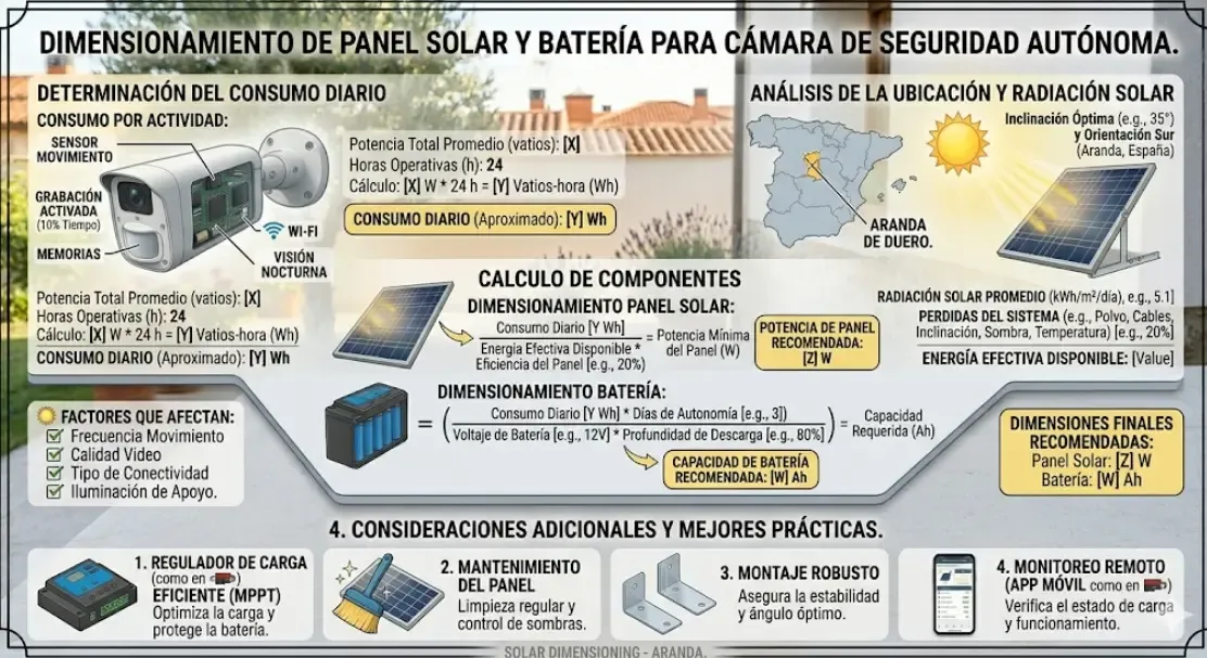 Dimensionamiento de panel solar y batería para cámara de seguridad autónoma