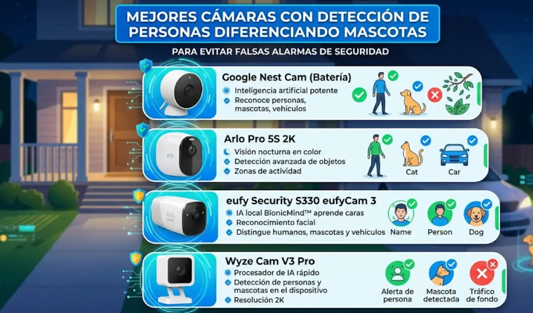 ¿Tu cámara salta con el perro o gato? Estas cámaras IA distinguen personas de mascotas. Mejores modelos 2026 + comparativa real.