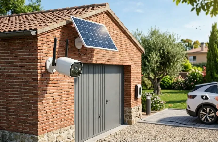 Cámara solar wifi instalada en garaje exterior