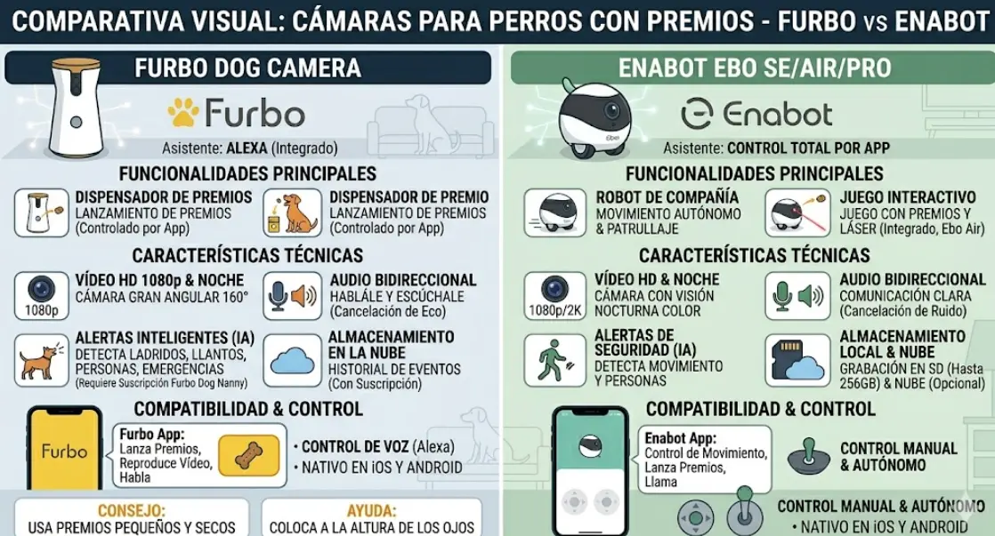 Mejores Cámaras para Perros con Lanzapremios 2026: Comparativa Furbo 360° vs Enabot EBO X (Pruebas Reales y Guía de Compra)