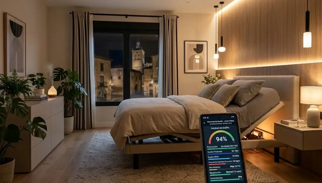 Dormitorio moderno e iluminado con luces cálidas, mostrando una cama inteligente articulada y una aplicación móvil que refleja métricas avanzadas de calidad de sueño.