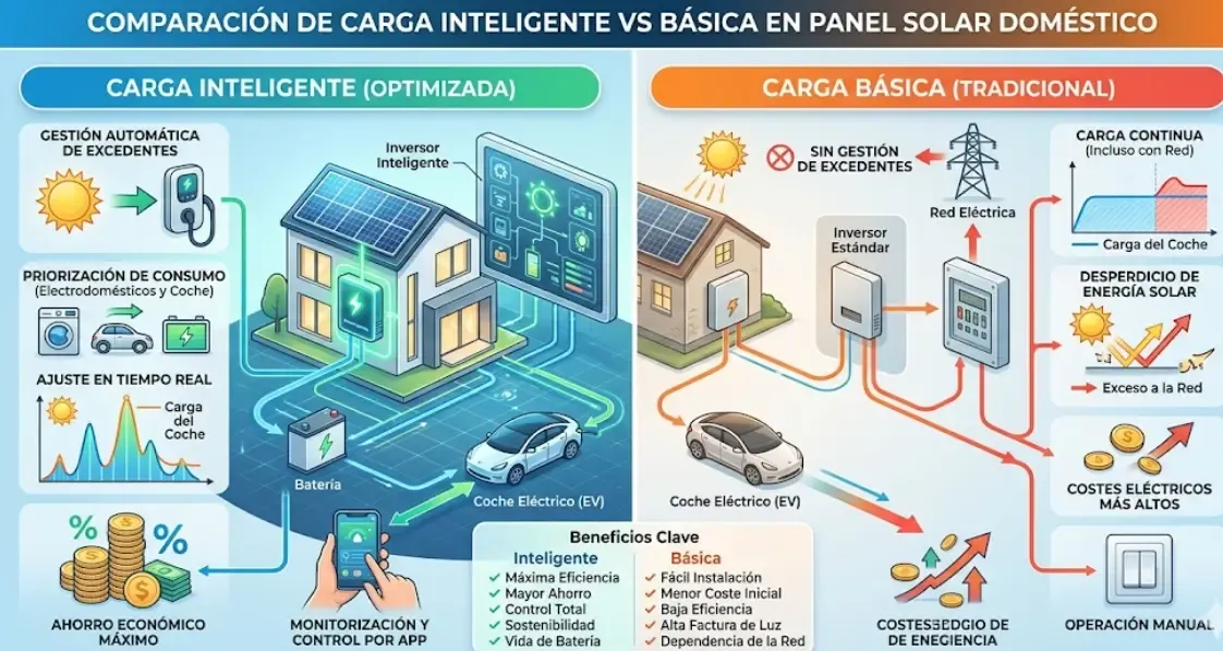 Comparación de carga inteligente vs básica en panel solar doméstico