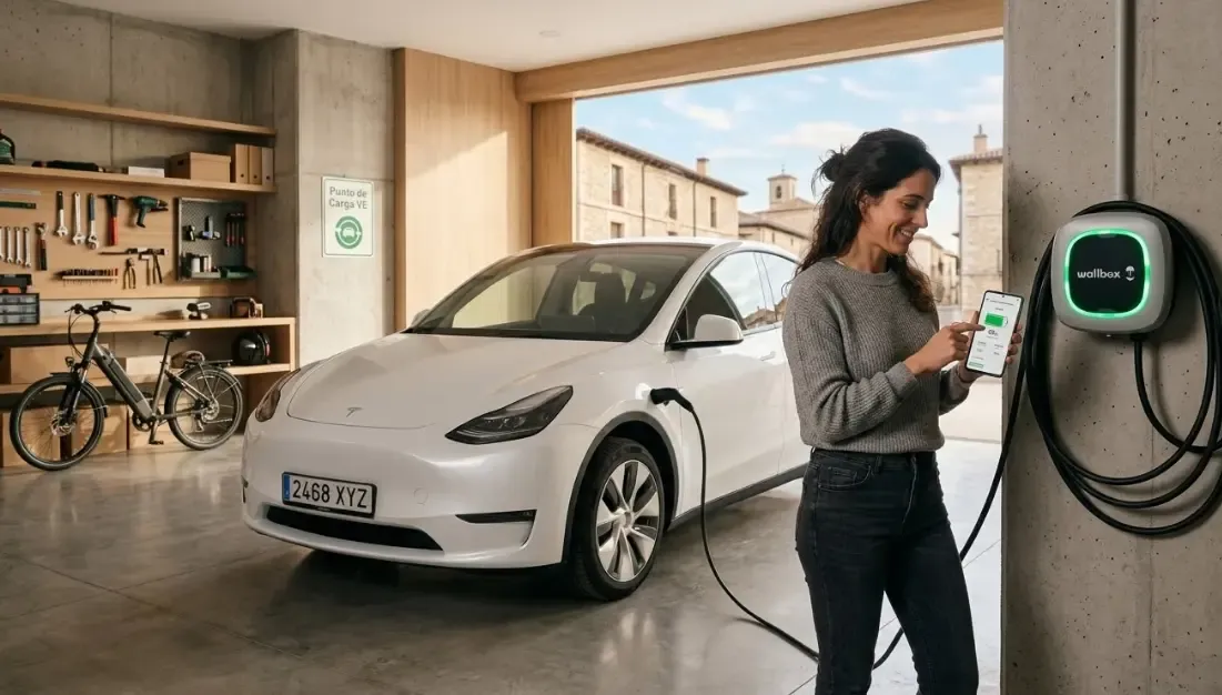 Garaje moderno e iluminado con un coche eléctrico conectado a un cargador de pared inteligente (Wallbox) que muestra un anillo LED verde y estadísticas de carga en una app móvil.