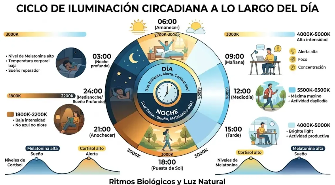 Ciclo de iluminación circadiana a lo largo del día