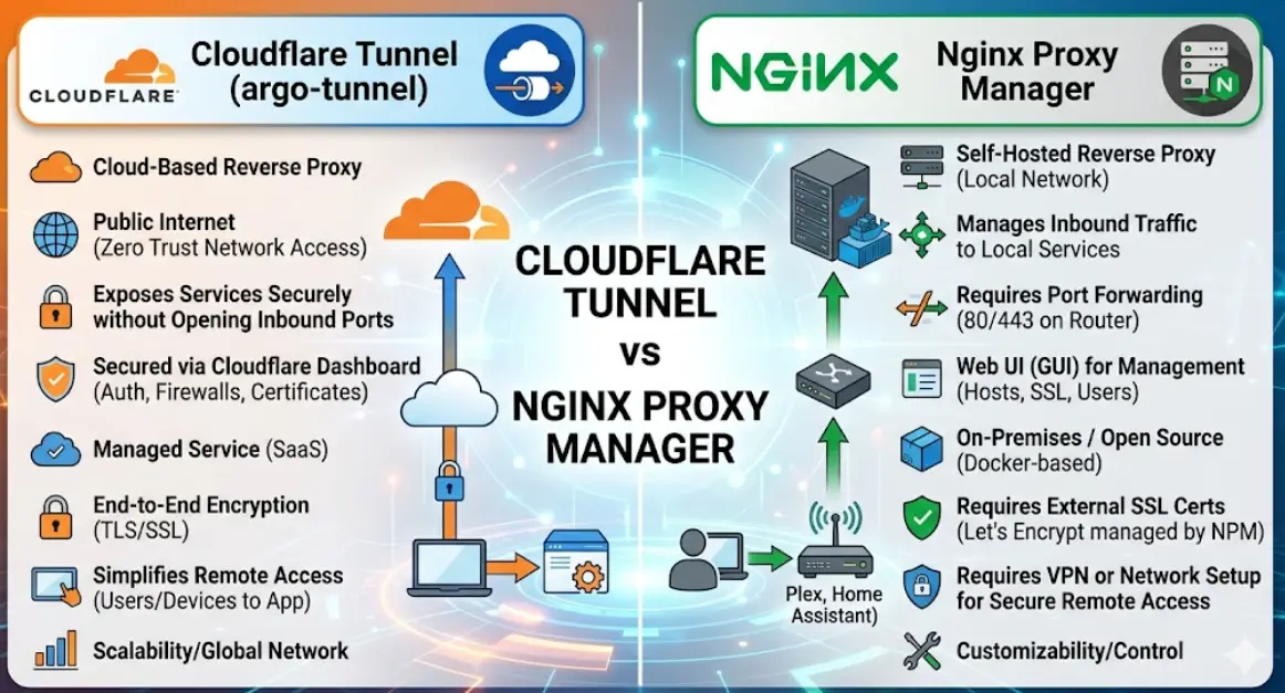 Cloudflare Tunnel vs Nginx Proxy Manager: Cuál Elegir para Acceso Remoto Seguro en 2026