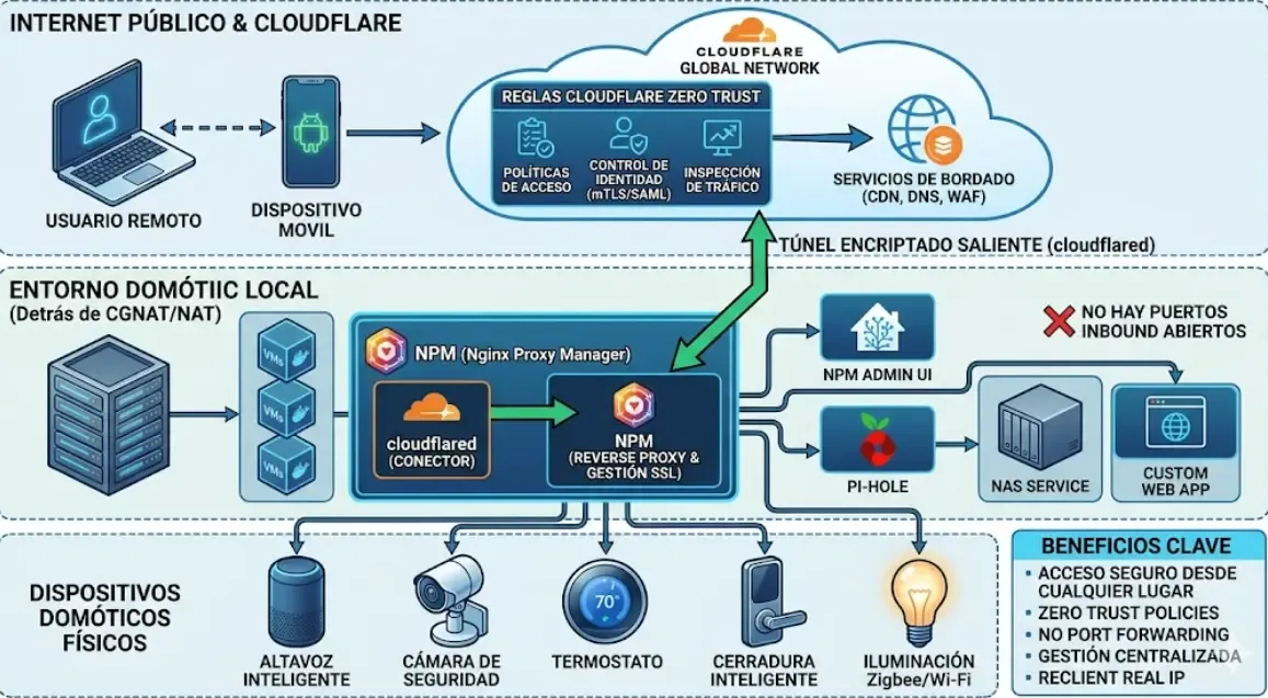 Esquema de arquitectura Cloudflare Tunnel con Zero Trust en entorno domótico
