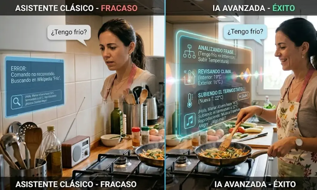 Comparativa: a la izquierda un asistente clásico fallando al no entender 'Tengo frío'; a la derecha una IA analizando la frase, revisando el clima y subiendo el termostato
