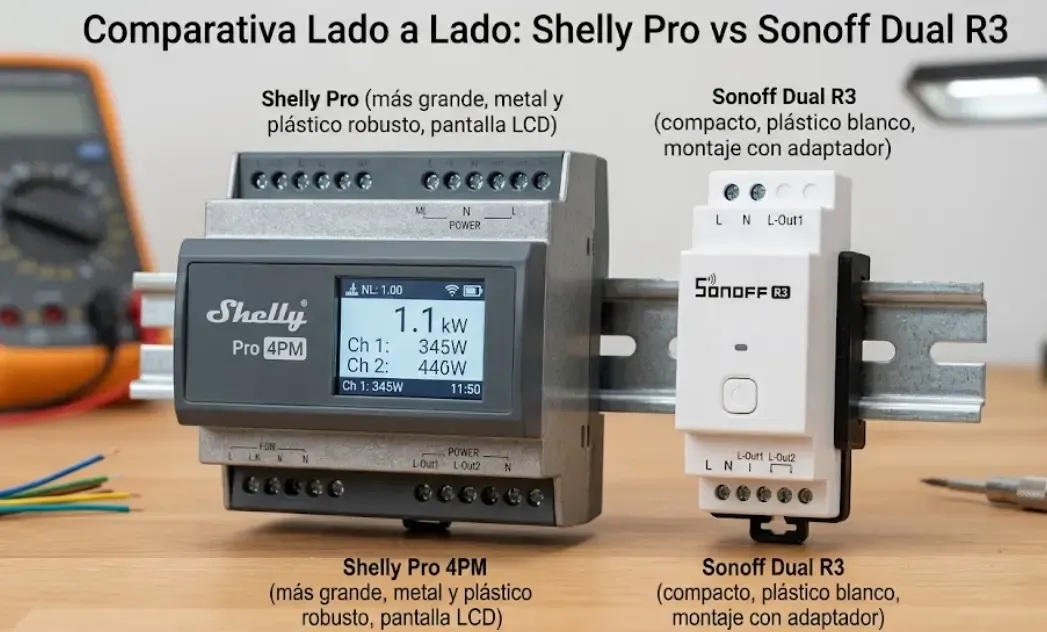 Foto comparativa lado a lado de un Shelly Pro y un Sonoff Dual R3 montados en un trozo de carril DIN, destacando la diferencia de tamaño y materiales.