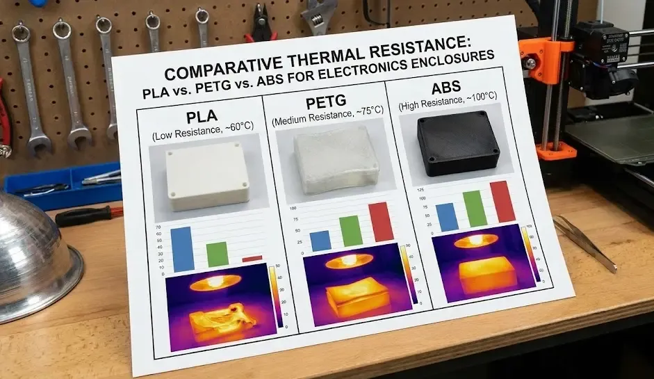 Gráfico comparativo de resistencia térmica entre PLA PETG y ABS para cajas de electrónica