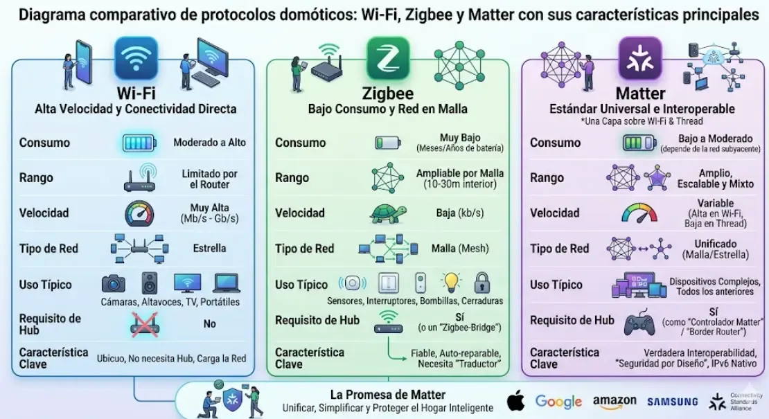 Diagrama comparativo de protocolos domóticos: Wi-Fi, Zigbee y Matter con sus características principales