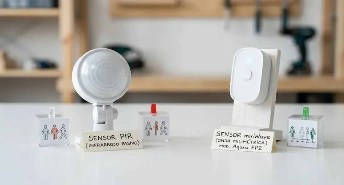 Comparativa física de sensores PIR vs mmWave sobre mesa blanca