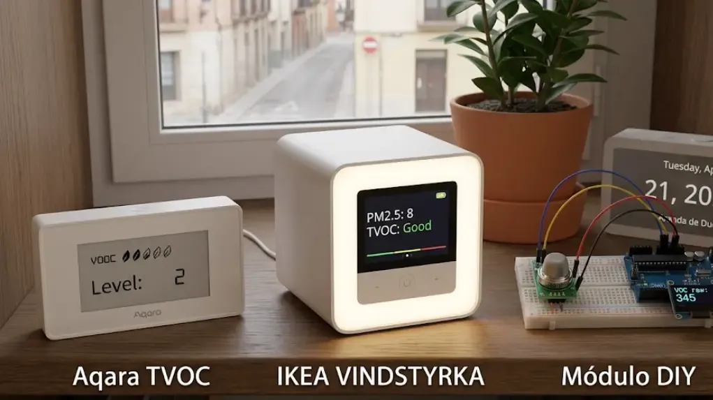 Comparativa visual de sensores VOC domésticos: Aqara TVOC, IKEA VINDSTYRKA y módulo DIY