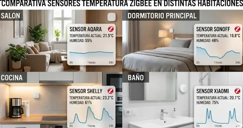 Comparativa sensores temperatura Zigbee en distintas habitaciones