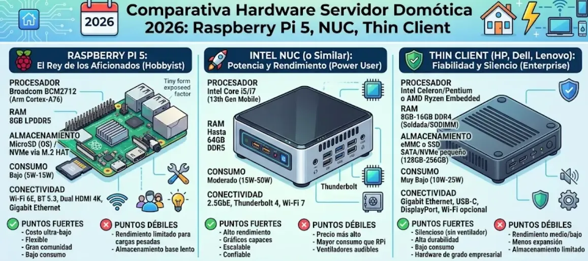 Comparativa hardware servidor domótica 2026: Raspberry Pi 5, NUC y Thin Client