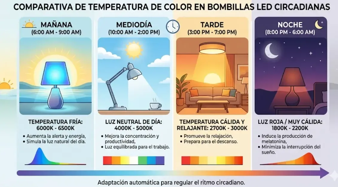 Comparativa de temperatura de color en bombillas LED circadianas