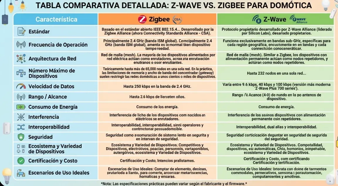 Comparativa visual de los protocolos de domótica Z-Wave y Zigbee, destacando sus diferencias en frecuencia y topología de red.