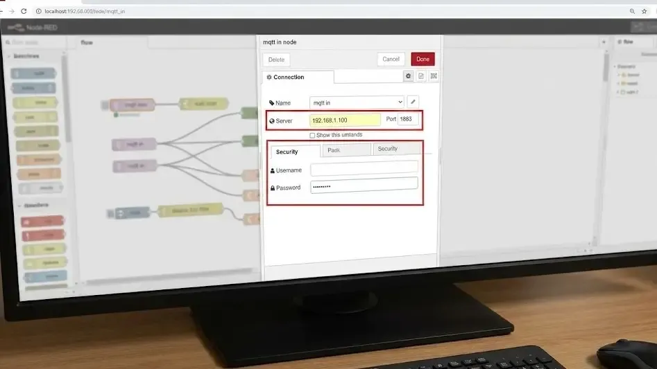 Ventana de configuración del nodo MQTT en Node-RED mostrando los campos de IP del servidor y puerto 1883 para conectar con Mosquitto.