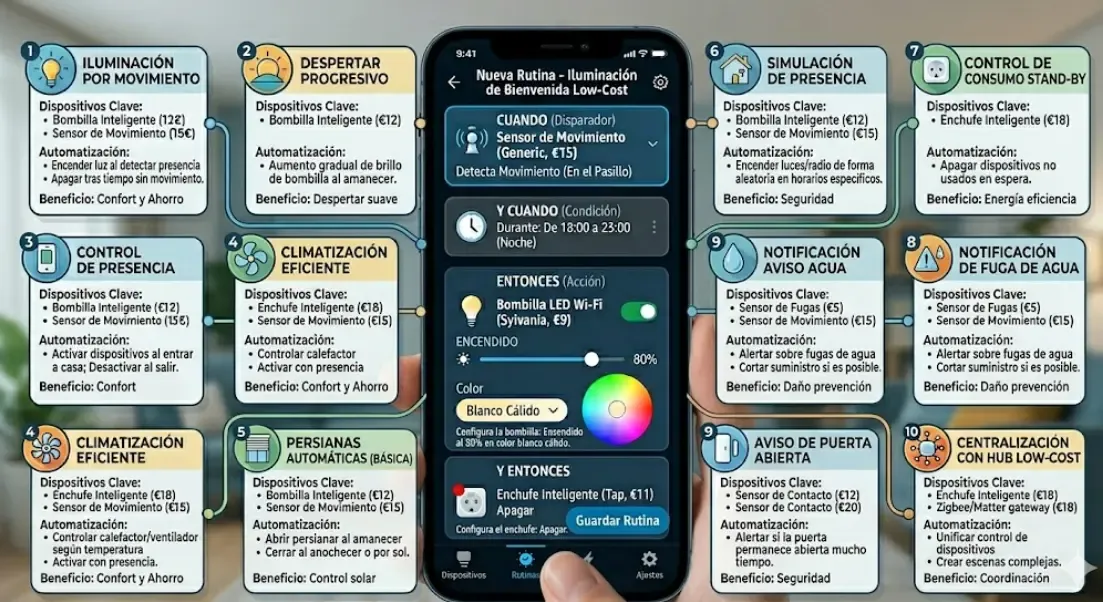 Configuración de una rutina de iluminación en la app de Alexa para domótica en 2026