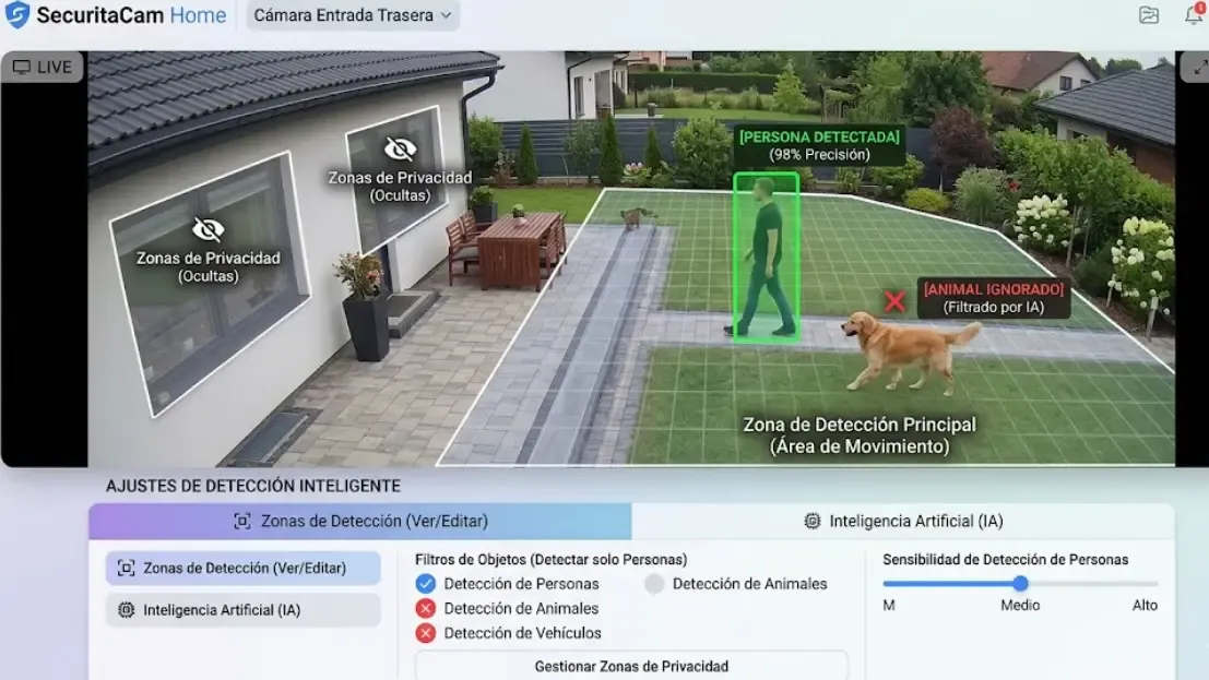 Configuración de zonas de privacidad y detección en cámara que no detecte animales sino solo personas