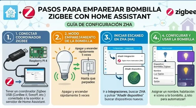 Pasos para emparejar bombilla Zigbee con Home Assistant: coordinador, modo pairing, ZHA y configuración