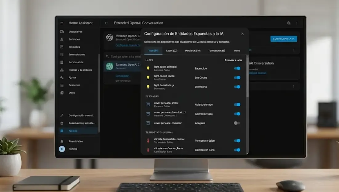 Configuración de entidades en Extended OpenAI Conversation de Home Assistant: selección de luces, persianas y termostatos para exponer a la IA