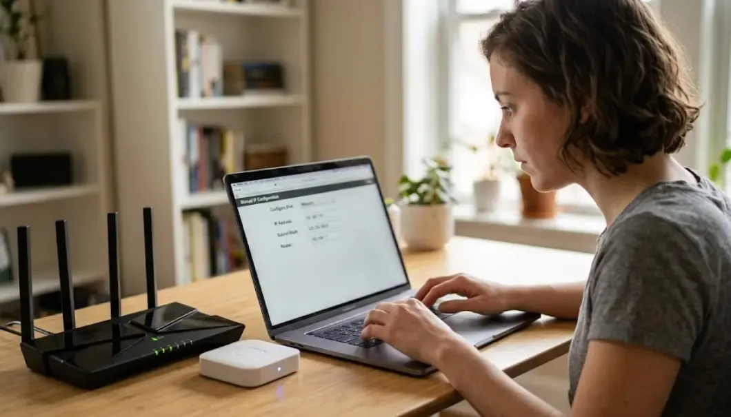 Persona configurando una dirección IP estática en la pantalla de un ordenador portátil con un router moderno y un concentrador domótico al lado
